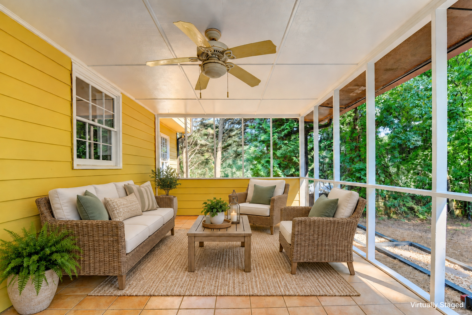 Screened porch, virtually staged